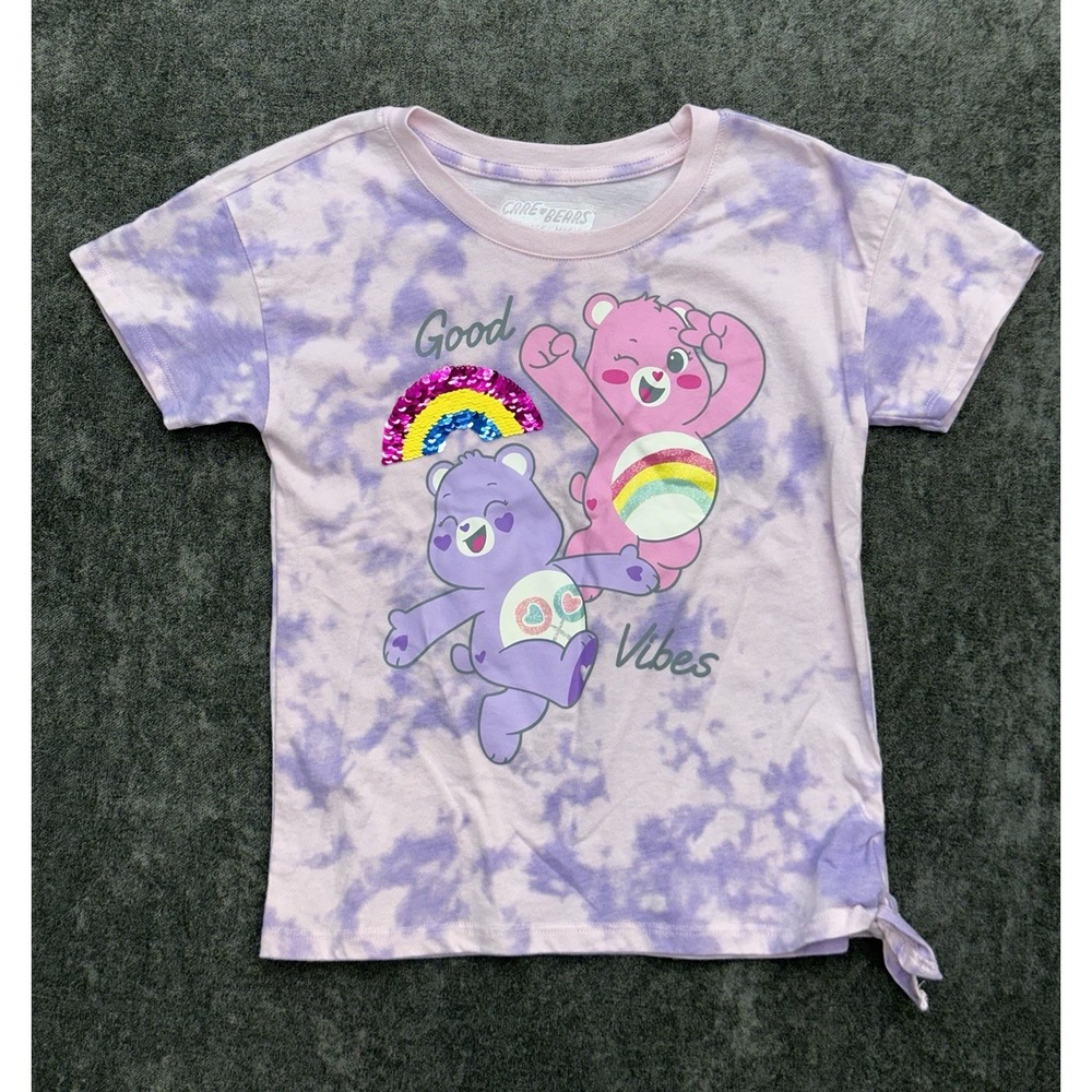 Care Bears Girls Tie-Dye Sequin Rainbow Graphic Crew Neck T-Shirt Size S